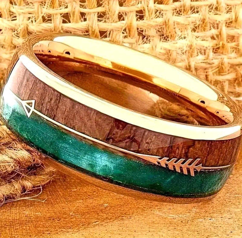 Men's 8mm Tungsten Cupid Arrow Green Malachite & Koa Wood Inlay Wedding Band