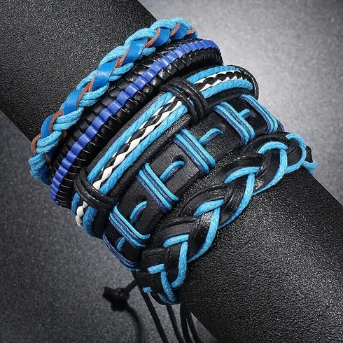 5 Pcs Men's PU Leather Hand Woven Multi-Layer Braided Blue Wristband Bracelets
