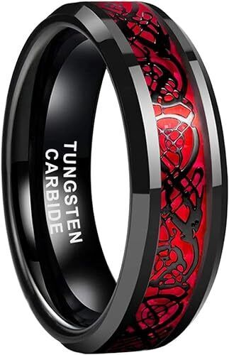 Men's 8mm Tungsten Beveled Edges Red Celtic Dragon Comfort-Fit Wedding Band Ring