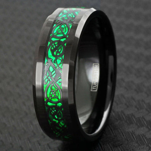 Beveled Edge Comfort-Fit Green Celtic Dragon 8mm Tungsten Wedding Band