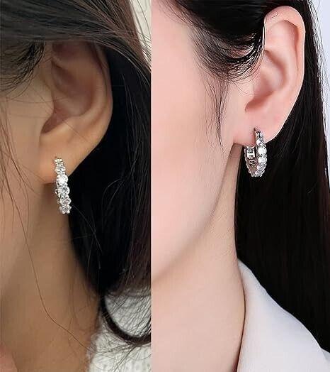 Sparkling 14K White Gold Plated Circle Cubic Zirconia Men Women Hoop Earrings