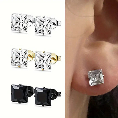 3 Pairs 14K Gold Plated Square Cubic Zirconia Solitaire Men Women Stud Earrings