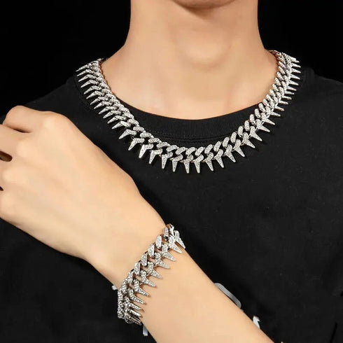 2 Pc FULLY ICED 14K White Gold Plated CZ Thorn Cuban Link Chain Necklace & Bracelet