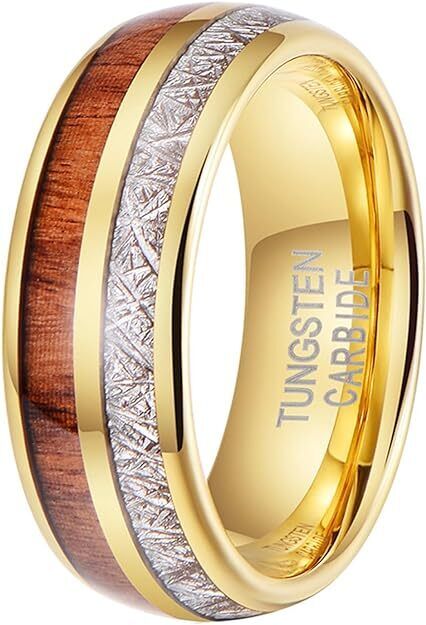 Men's 8mm Tungsten Ring Koa Wood & Meteorite Inspired Comfort-Fit Wedding Band