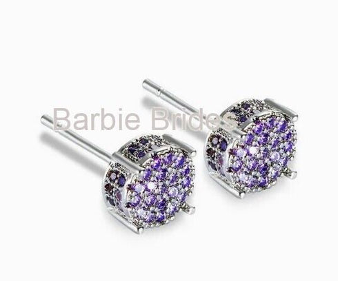 Micro Pave 14K Gold Plated Purple Cubic Zirconia Men Women Cluster Stud Earrings