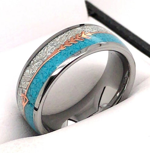 Men's 8mm Tungsten Cupid's Arrow Turquoise & Meteorite Inspired Wedding Band