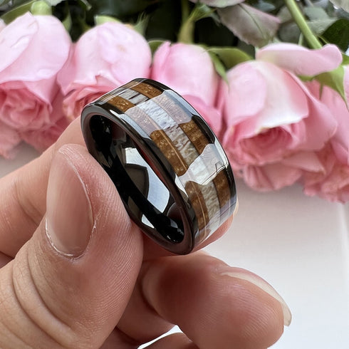 Men's 8mm Tungsten Deer Antler Whiskey Barrel Wood Inlay Engagement Wedding Band