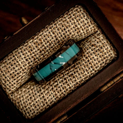 Men 8mm Tungsten Black Turquoise Beveled-Edge Comfort-Fit Polished Wedding Band