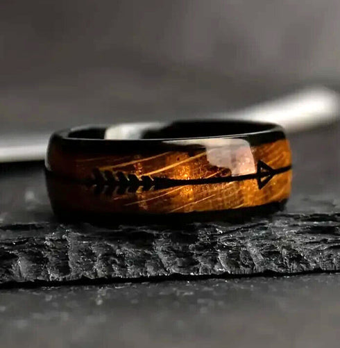 Men's 8mm Tungsten Cupid's Arrow Whiskey Barrel Wood Comfort-Fit Wedding Band