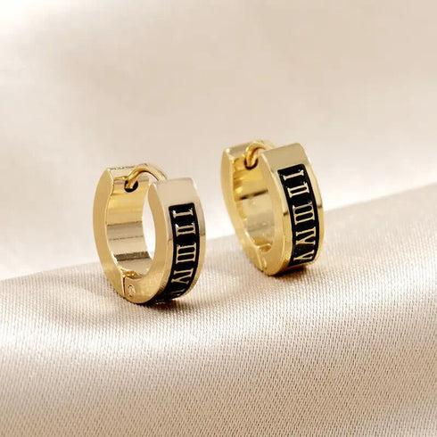 316L Surgical Steel Roman Numerals & Black Enamel Men Women Huggie Hoop Earrings