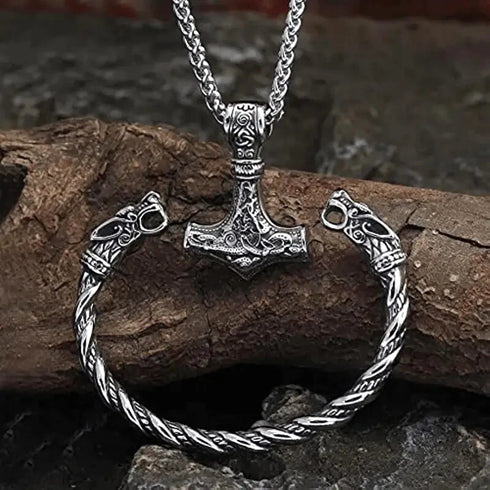 Nordic Viking Wolf Head Thor's Hammer Men Women Mjolnir Necklace & Bracelet Set