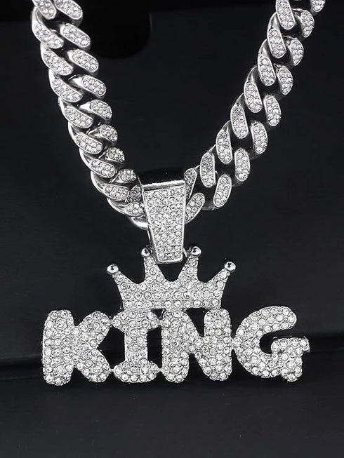 3-Pcs FULLY ICED 14K White Gold Plated CZ Crowned King Cuban Necklace & Bracelet