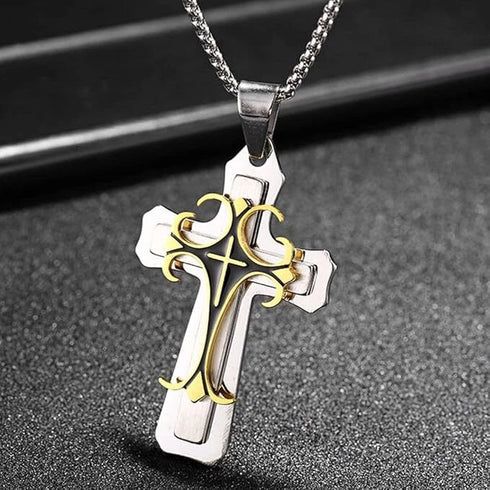 Titanium Creative Multi-Layer Gold Silver Cross/CZ Owl Pendant Necklace