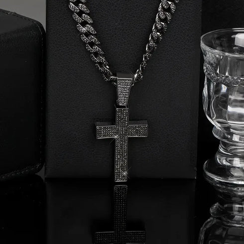 Rhodium Plated Iced Out Black CZ Cuban Chain Cross Pendant & Necklace