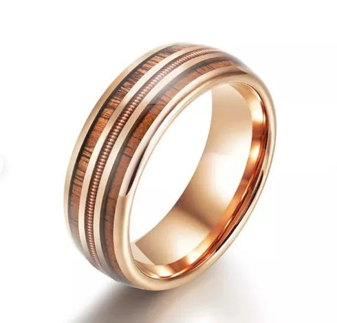 Men 8mm Tungsten Guitar String Whisky Barrel Wood Inlay Engagement Wedding Band