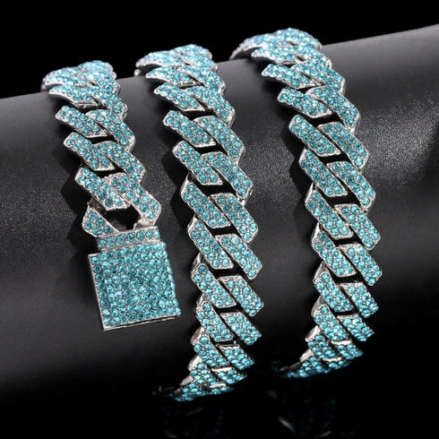 2Pc FULLY ICED 14K White Gold Plated CZ Miami Cuban Link Chain Necklace & Bracelet