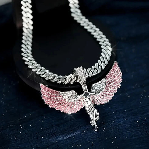 3Pc Iced Out 14KWhite Gold Plated CZ Angel Cuban Chain Pendant Necklace & Bracelet