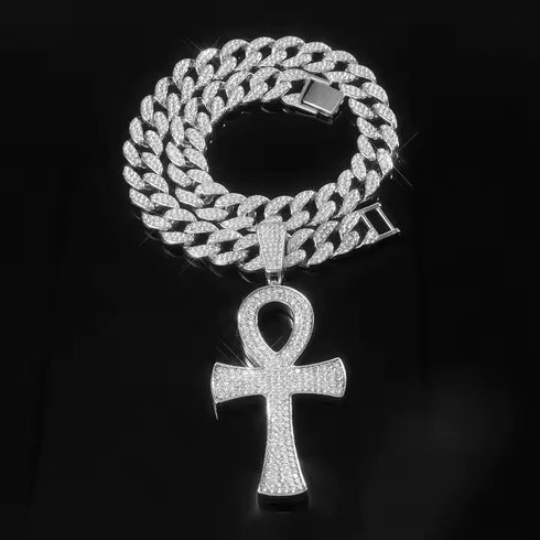 3-Pcs Iced 14K Gold Plated CZ Large Ankh Cross Pendant with Cuban Necklace & Bracelet