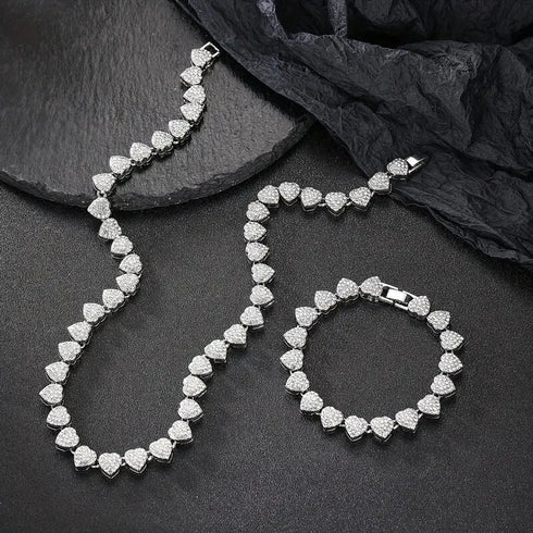 2-Pcs FULLY ICED 14K Gold Plated Heart Shape CZ Tennis Chain Necklace & Bracelet