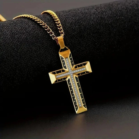Iced Out Bling 18K Gold Plated Cubic Zirconia Cross Pendant Necklace
