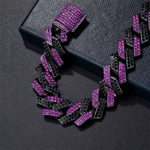2Pc FULLY ICED Bling Rhodium Plated Purple Black CZ Cuban Link Necklace+Bracelet