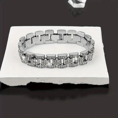 2Pc Men FULLY ICED Watch Band Baguette Chain 14KGold Plated CZ Necklace & Bracelet