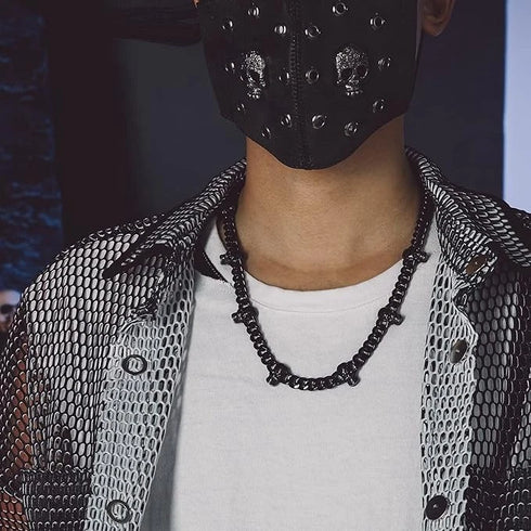 2 Pcs Black Gothic Thorns Skull Rhodium Plated Cuban Halloween Necklace & Bracelet