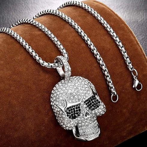 Iced Out 14K White Gold Plated Cubic Zirconia Sugar Skull Head Pendant Necklace
