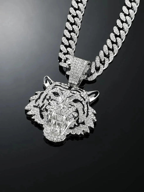 3 Pc Iced Out 14K Gold Plated CZ Tiger Head Pendant & Cuban Chain Necklace & Bracelet