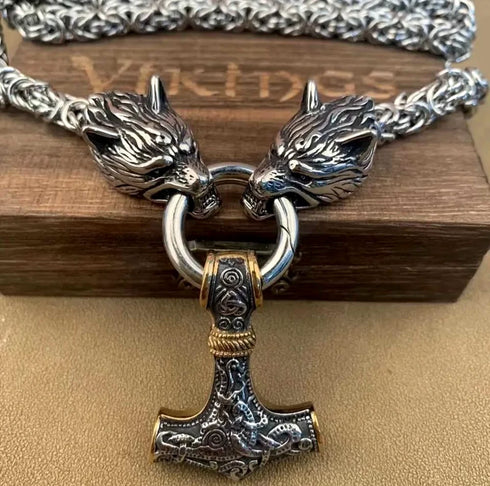 Titanium Norse Viking Twin Wolf Thor Hammer Pendant Necklace