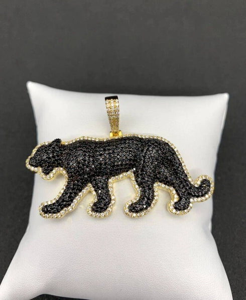 Iced Out 14K Gold Plated Cubic Zirconia Black Jaguar Panther Pendant Necklace