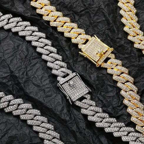2-Pc ICED OUT 14K Gold Plated Gold/Silver CZ Cuban Chain Bracelet & Necklace Set