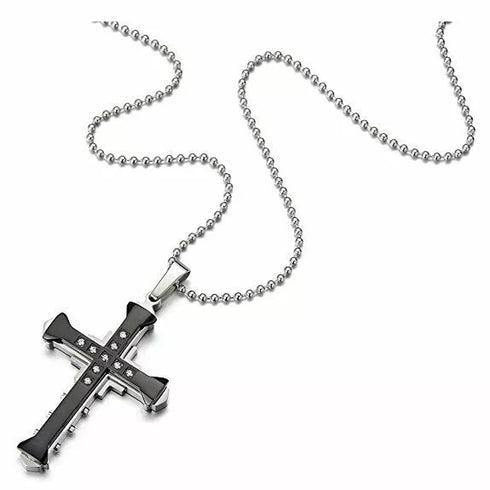 Titanium Stylish & Elegant Black/Gold Cubic Zirconia Cross Pendant Necklace