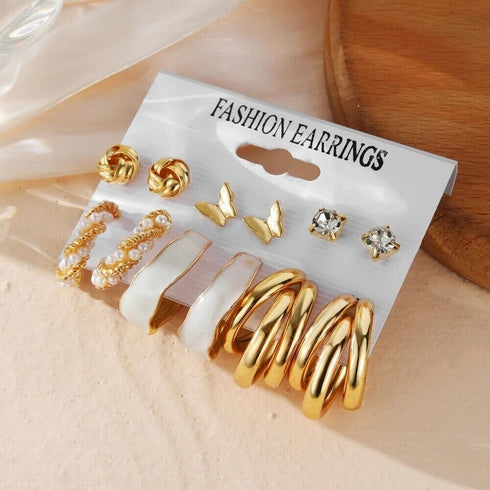 6 Pairs Golden Hoop & Stud Twist Triangle Butterfly C-Shape Earring W/Faux Pearl