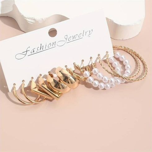 6 Pairs 14K Gold Plated Golden Hoop Earrings With Faux Pearl Decor Korean Style