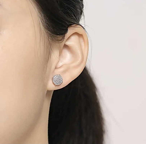 Paved 18KWhite Gold Plated Cubic Zirconia Double Round Cluster Men Women Earring