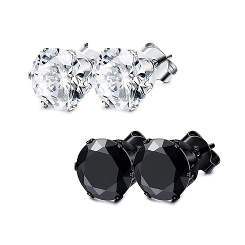 2 Pairs 316L Surgical-Steel Black & Silver Round CZ Men & Women Stud Earrings
