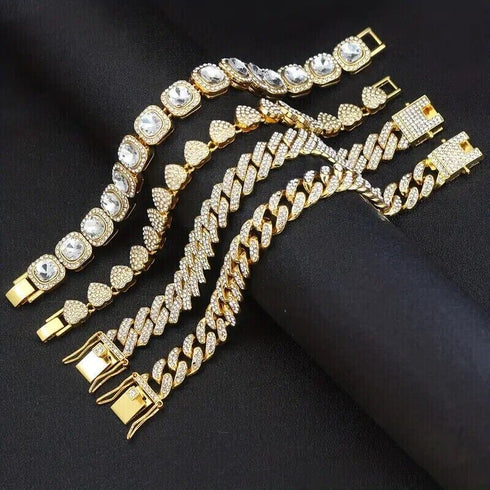 4 Pcs 14K Gold Plated Iced CZ Bling Tennis Heart Cuban Link Men Women Bracelets