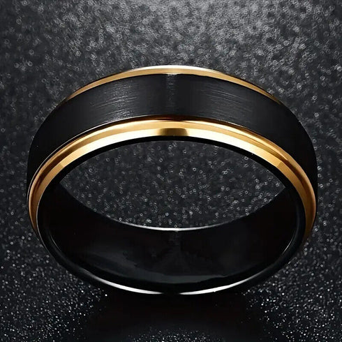 Men's 8mm Tungsten Comfort-Fit Black & 18K Gold Trim Engagement Wedding Band
