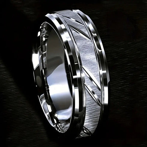 Men 8mm Tungsten Avant-Garde Comfort-Fit Brushed Custom Cut Groove Wedding Band