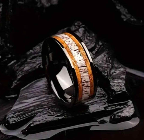 Men's 8mm Tungsten Deer Antler Whiskey Barrel Wood Inlay Engagement Wedding Band