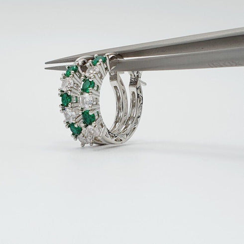 14K White Gold Plated Green Round Cut Cubic Zirconia Men Women Hoop Earrings