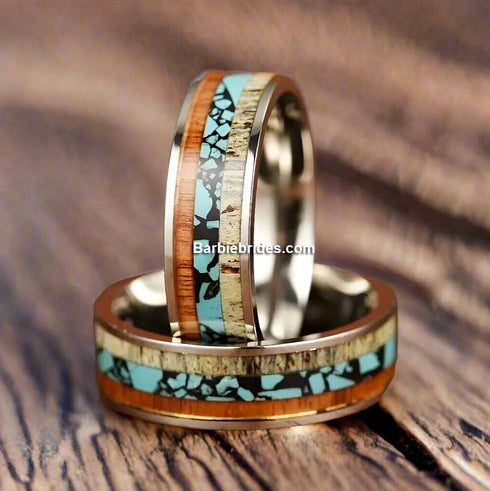 Men's 8mm Titanium Deer Antler Crushed Turquoise Comfort-Fit Wedding Band