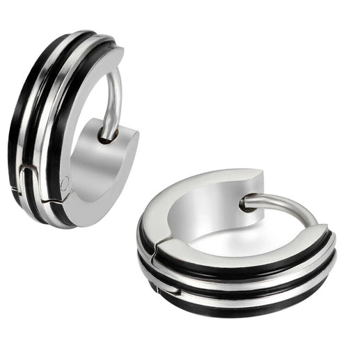 316L Surgical Steel Striped Blue/Black Men Women Hypoallergenic Hoop Earrings
