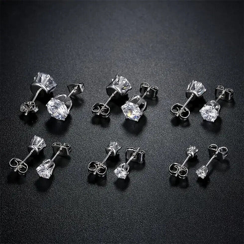 6Pair Surgical Steel Cubic Zircon 3/4/5/6/7/8mm Solitaire Men Women Stud Earring
