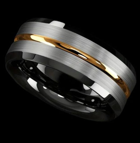 Men's 8mm Tungsten Silver Brushed Black Edge Golden Groove Wedding Band