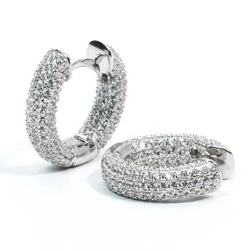 Fully Iced 18K White Gold Plated 3Row Honey Comb Zirconia Men Women Hoop Earring