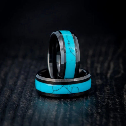 Men 8mm Tungsten Black Turquoise Beveled-Edge Comfort-Fit Polished Wedding Band