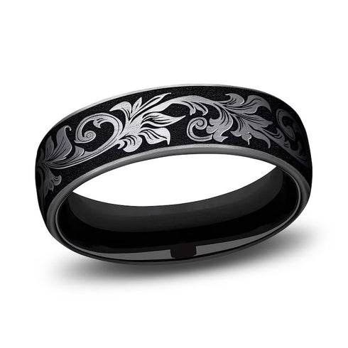 Men's 6mm Titanium Grey/Black Vintage Scrollwork Design Comfort-Fit Wedding Band