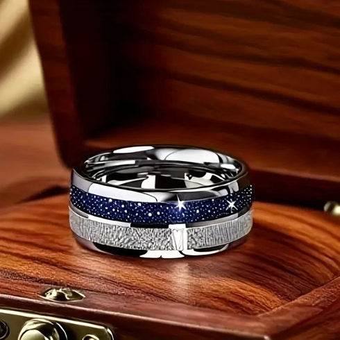 Men's 8mm Titanium Green Marble/Blue Galaxy & Meteorite Comfort-Fit Wedding Band